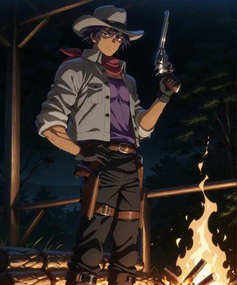 masterpiece, best quality, amazing quality, absurdres, 1boy, solo, source_anime, anime_screencap,

Side view, 

RickElwood, mature male, brown skin, short hair, dark-indigo hair, dark-purple eyes, muscular body,

(Gray wide-brim cowboy hat), (dark-red scar...