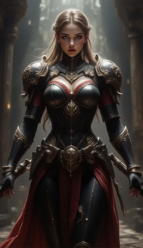  full - body - front - shot An extremely detailed dark fantasy image an extremely curvaceous young woman long brown she holds her hair in a ribbon her face is aristocratic haughty her skin is white her lips are red her legs are long shapely  intimidating b...