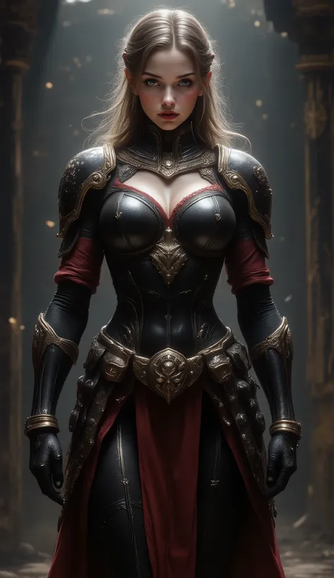  full - body - front - shot An extremely detailed dark fantasy image an extremely curvaceous young woman long brown she holds her hair in a ribbon her face is aristocratic haughty her skin is white her lips are red her legs are long shapely  intimidating b...