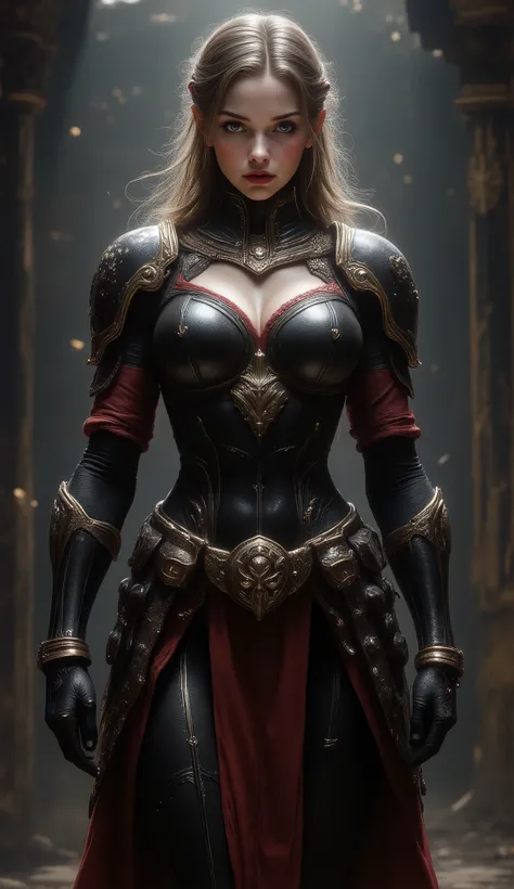  full - body - front - shot An extremely detailed dark fantasy image an extremely curvaceous young woman long brown she holds her hair in a ribbon her face is aristocratic haughty her skin is white her lips are red her legs are long shapely  intimidating b...