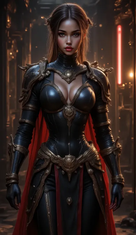  full - body - front - shot An extremely detailed dark fantasy image an extremely curvaceous young woman long brown she holds her hair in a ribbon her face is aristocratic haughty her skin is white her lips are red her legs are long shapely  intimidating b...