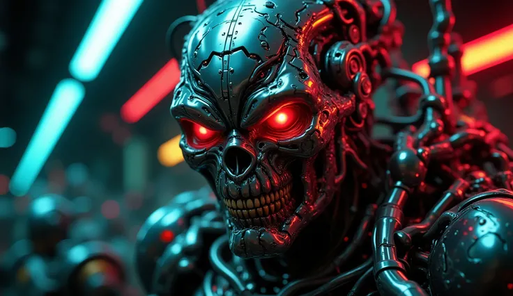 A menacing alien cyborg head, with glowing red eyes, Numerous cables, strands and hoses protrude chaotic from its shiny metallic form. he has an overall light red glow and looks very threatening, angry furious , enraged, ready to kill if someome comes towa...