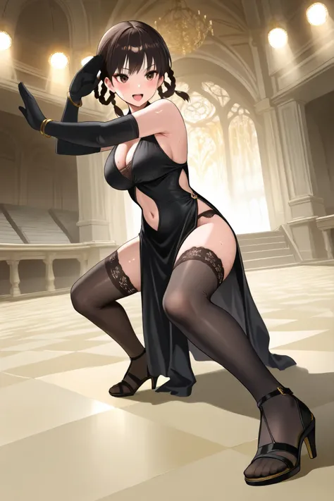 ((((Masterpiece)))), (((( top quality)))), high definition,fine grain, detailed face , ,1girl,,,,, black hair, side braids, twin braids, braided hair rings, (brown eyes,,tsurime,,,,beautiful eyes:1.0), bangs,slender,,,,,, ,,,, leifangblack, black dress...