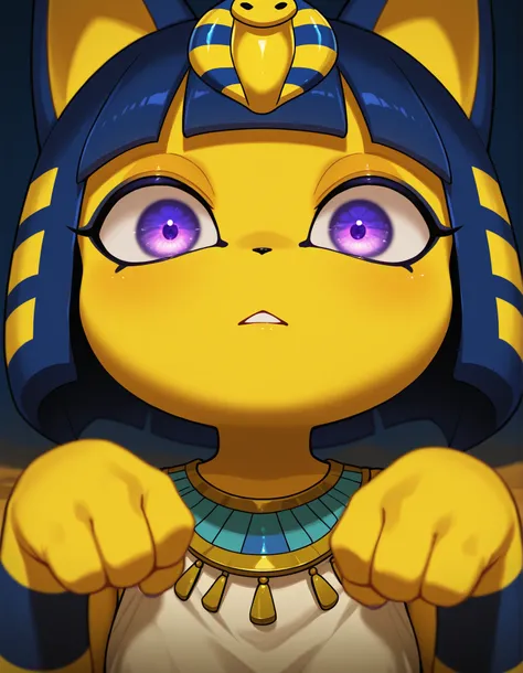 nbkwk,, depth of field, 1girl, furry, ankha \(animal crossing\), expressionless, eye reflection, yellow background, yellow theme, blue background, desert,, purple eyes, glowing eyes, wide-eyed, paw pose, looking at viewer, close-up, parted lips,