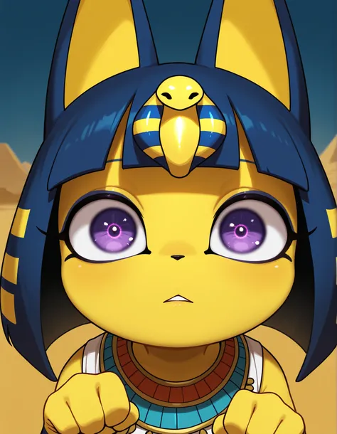 nbkwk,, depth of field, 1girl, furry, ankha \(animal crossing\), expressionless, eye reflection, yellow background, yellow theme, blue background, desert,, purple eyes, glowing eyes, wide-eyed, paw pose, looking at viewer, close-up, parted lips,