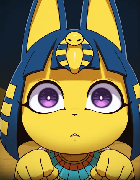 nbkwk,, depth of field, 1girl, furry, ankha \(animal crossing\), expressionless, eye reflection, yellow background, yellow theme, blue background, desert,, purple eyes, glowing eyes, wide-eyed, paw pose, looking at viewer, close-up, parted lips,