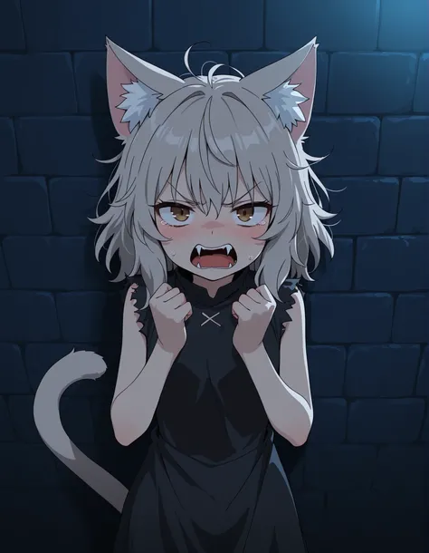 nbkwk,, 1girl, petite, (skinny and frail:0.7), cat girl, against wall, stone wall, brown eyes,looking at viewer, grey hair, medium hair, messy hair, angry, (scared:0.4), (open mouth:0.5), fangs, hands up, (tearing up:0.5), tail raised, torn clothes, straig...