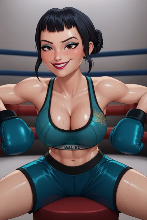 BREAK, score_6_up, score_7_up, score_8_up, score_9, 1girl, solo, kpdh_z0ey, black hair, short hair, hair bun, brown eyes, blunt bangs, lipstick, makeup, official KPop Demon Hunters aesthetic, large breasts, busty, cleavage, curvy, athletic, looking at view...