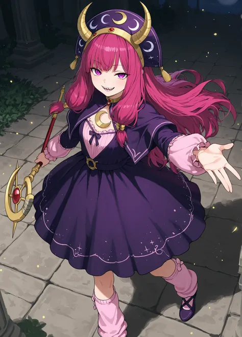 The design is finished with a prominent yellow crescent moon emblem on the chest. The overall composition conveys a magical quality, accentuated by the character's whimsical nature with protruding purple eyes. x} The characters exude a playful and slightly...