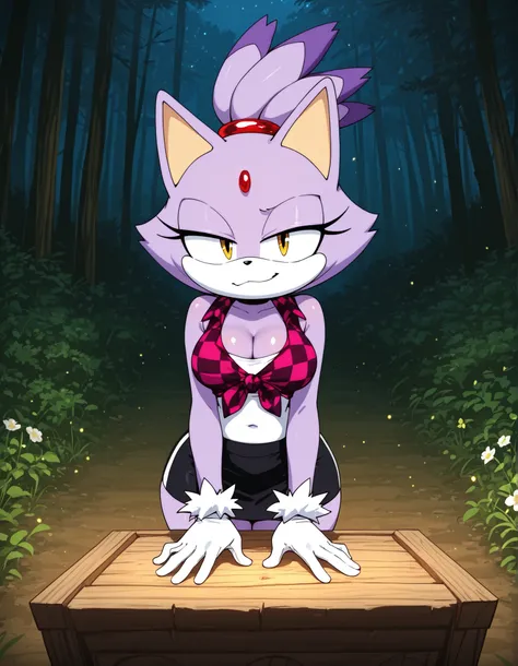nbkwk,, solo, 1girl, blaze the cat, furry, shiny skin, short stack, (wide hips:0.8), white gloves, cleavage, black miniskirt, midriff, red checkered knotted top, tied shirt, BREAK smile, smug, BREAK night, forest background, (mountains:1.1), flower, wood c...