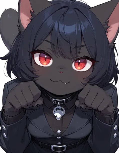 nbkwk,, masterpiece, best quality, very aesthetic, 1girl, solo, white background, looking at viewer, portrait, paw pose, :3, furry female, cat girl, animal ears, black hair, short hair, black skin, red eyes, cat tail, black jacket, buttons, long sleeves, b...