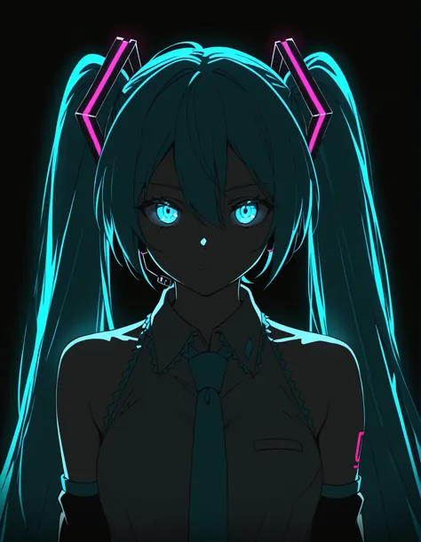 nbkwk,, Hatsune Miku, limited palette, black background, colorful, vibrant, glowing outline, neon, blacklight, looking at viewer, masterpiece, very aesthetic