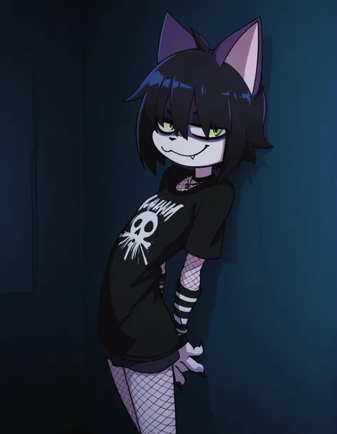 nbkwk,, volumetric_lighting, chiaroscuro_lighting, vibrant, shaders, against_the_wall, arched_back, 1girl, interior, solo, detailed, furry, cat, skinny, smug, ((cute_clothes, emo, fishnets)), white_fur, cute, claws, stare, soft_light, stylized, SuchHorriGi...