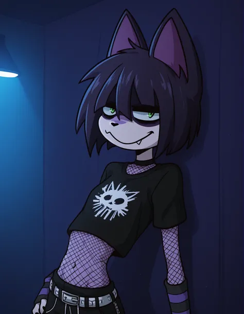 nbkwk,, volumetric_lighting, chiaroscuro_lighting, vibrant, shaders, against_the_wall, arched_back, 1girl, interior, solo, detailed, furry, cat, skinny, smug, ((cute_clothes, emo, fishnets)), white_fur, cute, claws, stare, soft_light, stylized, SuchHorriGi...