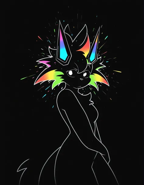 nbkwk,, furry girl, anthro, facing sideways, elegant pose, silhouette body, (glossy black fur), (neon outlines), (flat lighting), exploding fractals, liquid neon paint, splash effect, rainbow iridescent hair, gradient glow, (triadic colors), (spot color:1....