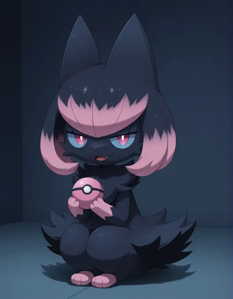 Noxmauve, pokemon_\(creature\), black_fur, pink_eyes, blue_sclera, black_hair, pink_hair, multicolored_hair, gradient_hair,, open mouth, nbkwk, pokemon (creature), closed mouth, no humans, half-closed eyes, solo, indoors, furry, full body, simple backgro...