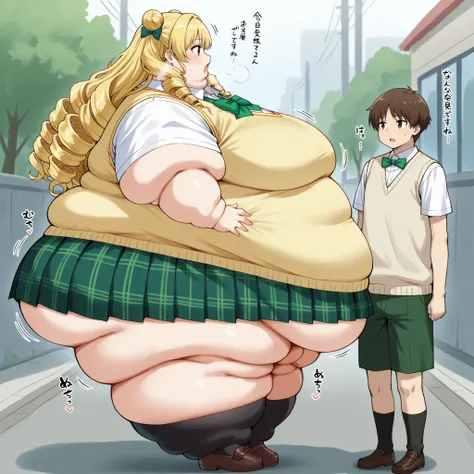 long hair,blonde hair,curly hair,double bun,twin drills,hair bow,hair ribbon,bangs,brown eyes
school uniform,sweater vest,yellow vest,white shirt,collared shirt,green bowtie,short sleeves,medium breasts,miniskirt,green skirt,plaid skirt,pleated skirt,black...