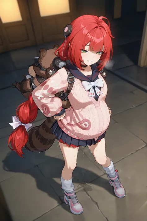 (Best quality, masterpiece, ultra detailed), Ukinami Yuzuha from Zenless Zone Zero, Solo, Alone, red hair, green eyes, raccoon tanuki backpack behind her, Spook Shack outfit, pink button up sweater, short pleated skirt, thigh-high sock, sporty sneakers,at ...