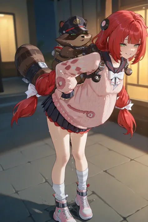 (Best quality, masterpiece, ultra detailed), Ukinami Yuzuha from Zenless Zone Zero, Solo, Alone, red hair, green eyes, raccoon tanuki backpack behind her, Spook Shack outfit, pink button up sweater, short pleated skirt, thigh-high sock, sporty sneakers,at ...