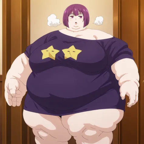 Shion, 1girl, short hair, t-shirt, purple hair, off shoulder, star (symbol), collarbone, short sleeves, purple eyes, bangs, purple shirt, cowboy shot,breasts, fat, chubby, obese, fat neck, multiple chins, big breasts open mouth, out of breath, Larger femal...