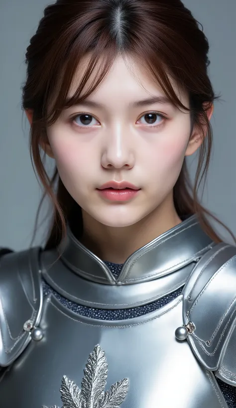 neat young woman wearing luxurious silver armor、、female knight、前髪あり、、、ear piercings、looking at camera、looking directly in front、No expression、is closing his mouth、face close-up、grey background、