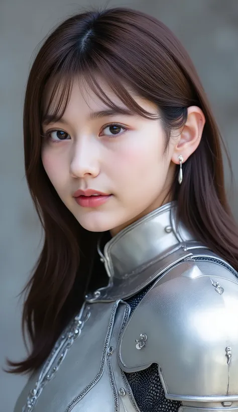 neat young woman wearing luxurious silver armor、、female knight、前髪あり、、、ear piercings、looking at camera、looking directly in front、No expression、is closing his mouth、face close-up、grey background、