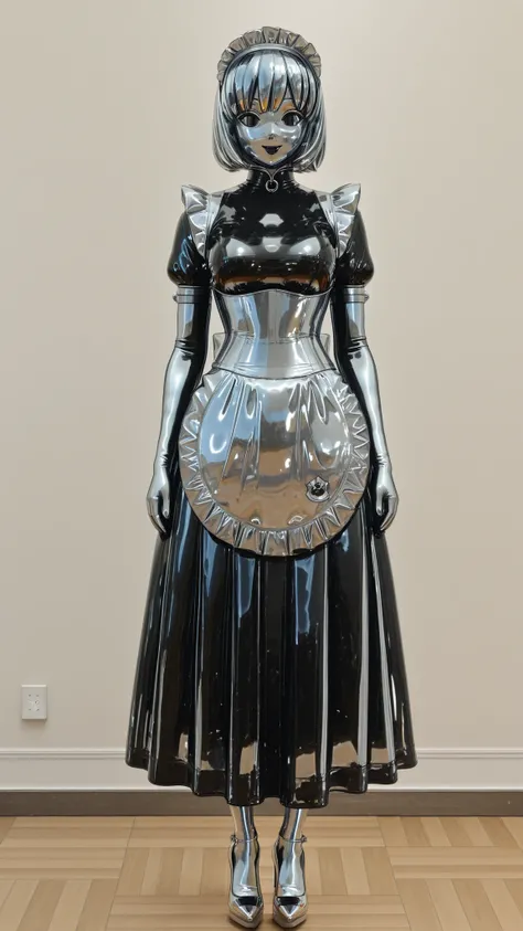 maniajuns, chrome skin, black lenses,shot hair, happy,latex,maid,gothic,black latex long skirt,small tight corset,small tight waist,high collar, Wide Skirt with print,black latex long puffed sleeves,latex long gloves,white latex big apron,white latex armle...