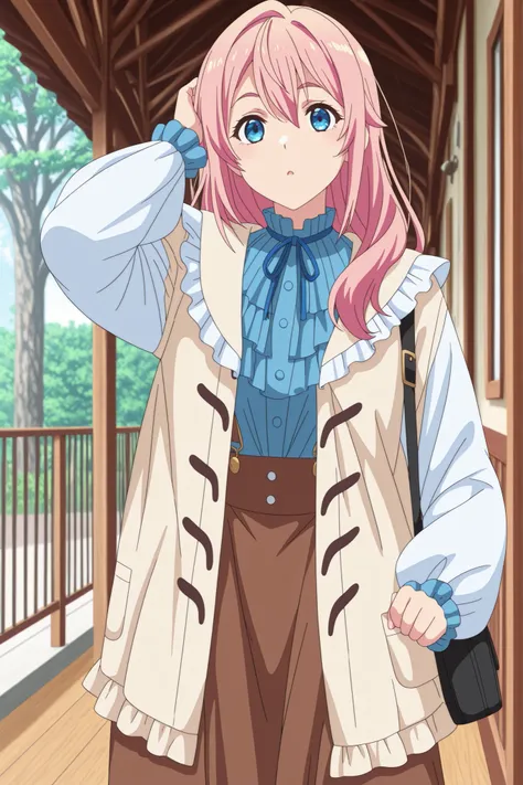 Anime one girl, style anime Free iwatobi swin club, pink hair, blue eyes, wears a cobalt blue long skirt with suspenders, featuring four buttons in pairs, top is a white, long-sleeved ruffled blouse, giving her a detective-like appearance