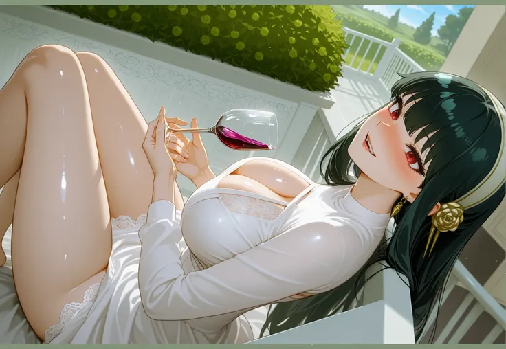 yor briar \(spy x family \) a young woman on a balcony with a glass of wine . the image also shows a bright blue sky and a balcony railing in the background . on the middle of the image , a 20-year-old woman with light skin , long dark black hair , and red...