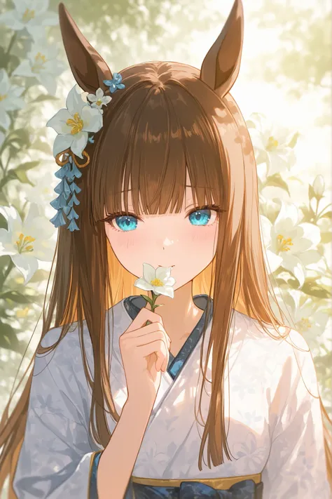 Long Lashes、very long hair、30 years old、High Resolution、high image quality、very detailed、The white kimono dress、Shy Face、has a lily flower in the background、straight hair、under your mouth、Open your mouth slightly with one hand、Clear、silence suzuka(Uma Musu...