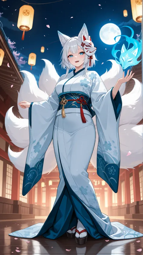 an enigmatic and charming full-body portrait, sexy, a plump Japanese woman、looks like a fox spirit, combines elegance and surrealism.  she says 短い白髪です, with fluffy fox ears. Her sharp, Contrasting eyes - one is cool blue, Of 9 A graceful silk fox tail gent...