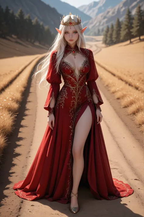 a woman in a red dress and a crown standing on the dirt road, fancy dress , fancy flowing dresss, fantasy style clothing, beautiful and elegant elf queen, fancy flowing dress, fancy dress, a beautiful elf dressed in fancy clothes, intricate outfit, intric...