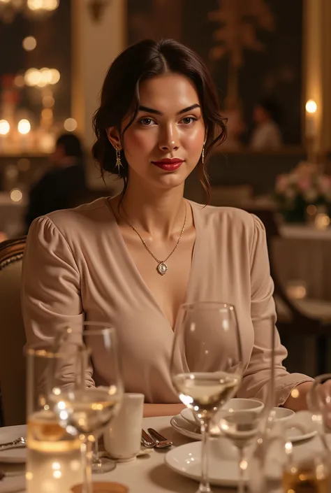 Beautiful woman sitting at an elegantly set dinner table, realistic photo, warm candlelight, refined atmosphere, soft smile
