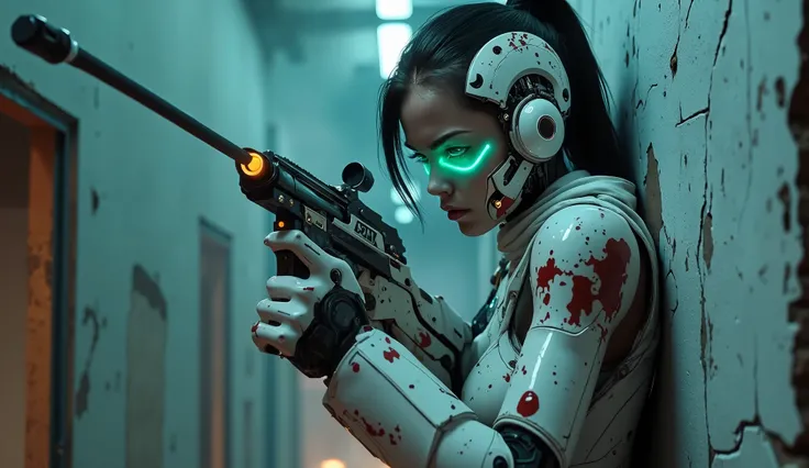 KNS style digital art, CK-NCR-Stil, high-quality cyborg fighting robot — a female sniper, in a dented and scratched white ceramic case with traces of bullets and blows, Blutspritzer, shooting from a combat blaster, from the corner of a dilapidated building...