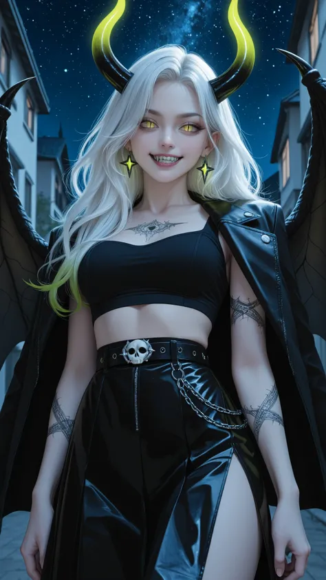 A striking anime-style depiction of a demonic or reptilian woman dominates the frame, set against a dark, Starry night sky with shades of purple and pink. She long , wavy white hair with black tufts, with a vivid shade of green and two distinct dark horns...