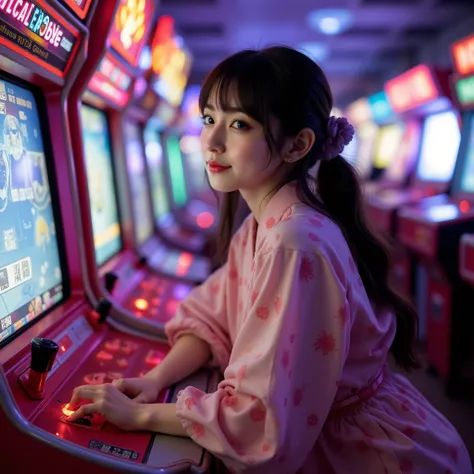 Japan's top idol enjoying old music games at arcades、she wears cute pop costumes、playing games while dancing to the rhythm、expression full of smiles、She has movie lights、BREAK、There were no spectators in the vicinity、nostalgic arcade game consoles from Sho...