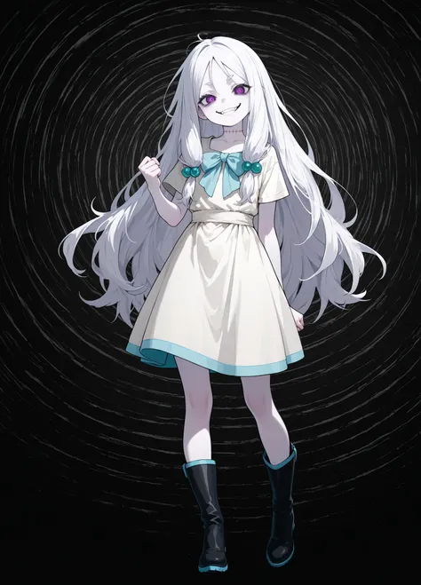 A cartoon character, resembling a doll or puppet, stands against a plain black background. The character has short, spiky white hair and pale skin, with visible stitch-like lines on its neck and cheeks, suggesting a constructed appearance. Its eyes are wid...