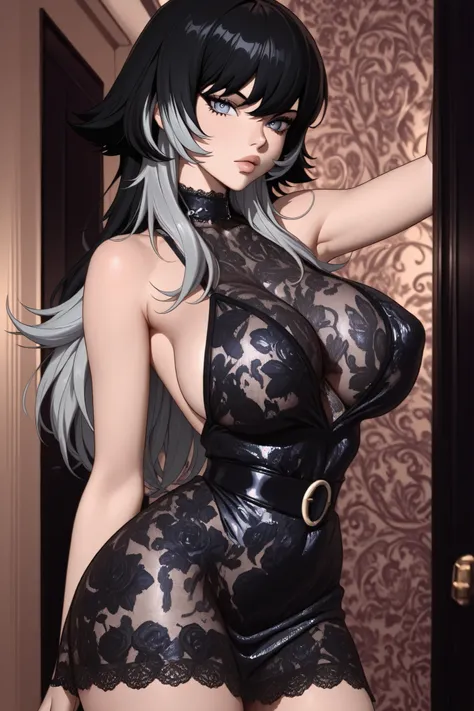 Black Wolf Cut with Silver Tips, long hair, 1 girl, masterpiece, And Up to the Highest Quality,Beautiful Eyes with Intricate Colors,Cowboy Shots,Black Lace Mini Dress,big boobs, The background is a super luxury hotel suite,sexy pose、