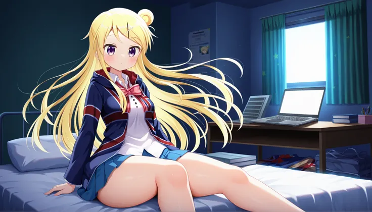 blonde hair, bow, bowtie, breasts, floating hair, hair bun, hair ornament, hairclip, jacket, kin-iro mosaic, kujou karen, long hair, medium breasts, moegi high school uniform, purple eyes, school uniform, shirt, single hair bun, skirt, star (symbol), union...