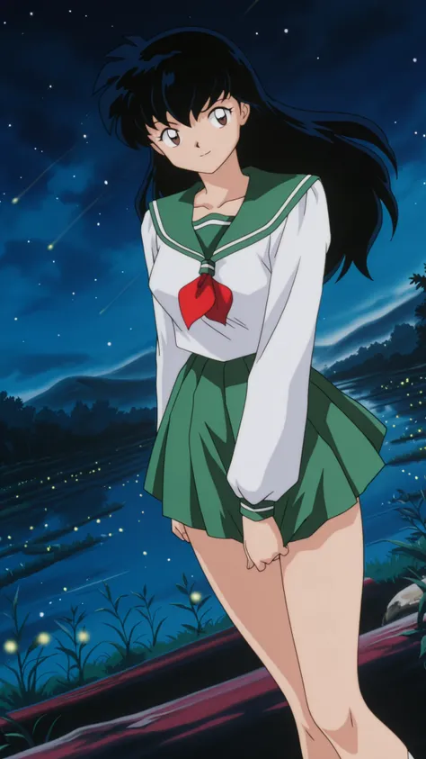 Higurashi kagome \(inuyasha\), solo, sexy curvy body, masterpiece, 16K resolution, perfect anatomy, seductive pose, erotic, attention to detail, (dynamic angle), detailed background, under night sky, falling stars, beautiful night sky on bank of the rive...