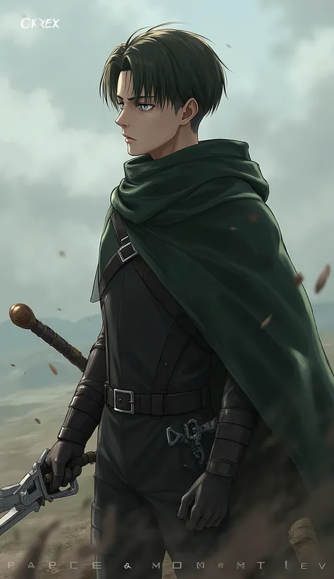 Watching the enemy with a sharp gaze.his dark green cloak wraps around his shoulders like a shield, And his high-collared black uniform.Attack on Titan Character: Levi levi. Unique Eyes Original Hairstyle Unprecedented and Extraordinary Physical Strength a...