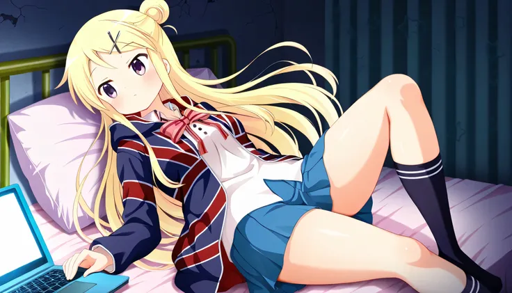 blonde hair, bow, bowtie, breasts, floating hair, hair bun, hair ornament, hairclip, jacket, kin-iro mosaic, kujou karen, long hair, medium breasts, moegi high school uniform, purple eyes, school uniform, shirt, single hair bun, skirt, star (symbol), union...