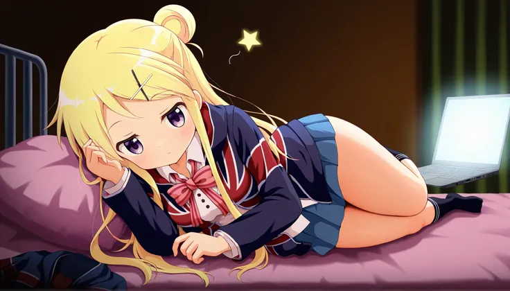 blonde hair, bow, bowtie, breasts, floating hair, hair bun, hair ornament, hairclip, jacket, kin-iro mosaic, kujou karen, long hair, medium breasts, moegi high school uniform, purple eyes, school uniform, shirt, single hair bun, skirt, star (symbol), union...