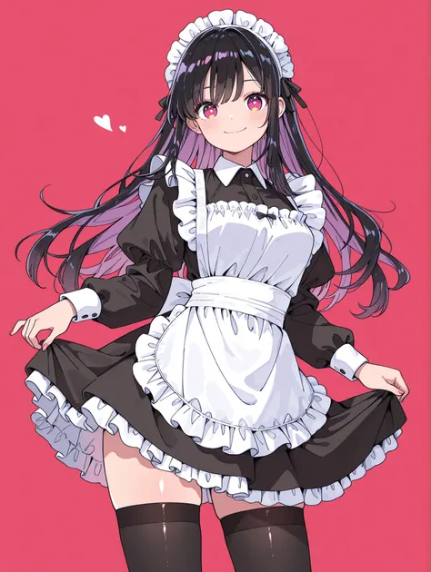 high res image , masterpiece , best quality  , shiny hair , ultra detailed eyes、black stockings、maid outfit、depicts the whole body、Smile Yan、location media facing the front of Torade、simple background、
