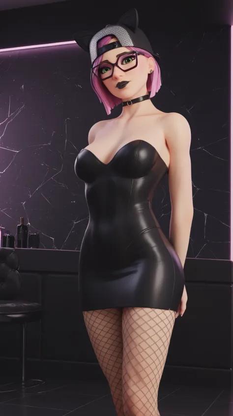 chica alone (masterpiece)3D,choker, black lipstick, black cap ,gray and black cat ears, night (Alone)corsage dress ,Strapless, fitted dress , fishnet pantyhose, night, night,beautiful darkroom, neon lights,black floor,perfect green eyes,short pink hair,gla...