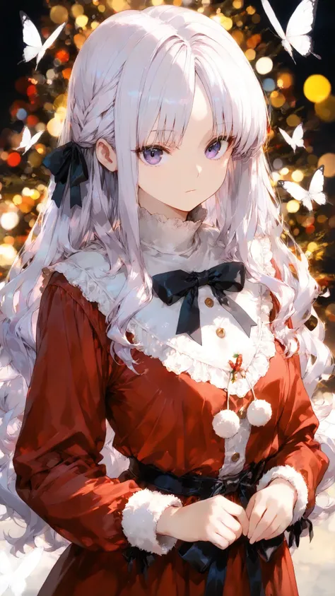 masterpiece, high quality, ultra-detailed, super high resolution, bokeh, absurdres
1 girl, pale violet hair, long hair, wavy hair, ((center parted bangs, fluffy bangs, voluminous bangs, airy bangs)), soft parted bangs, face-framing strands, violet eyes, e...