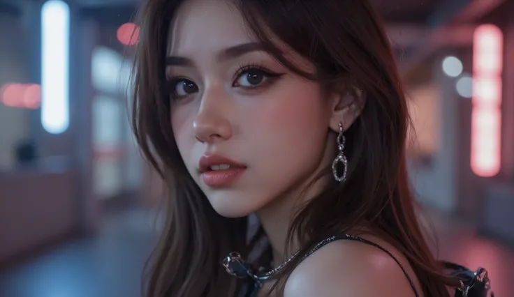womanhood、portrait、Cyberpunk Style Pictures、Detailed Features、natural expression、Actions、Cyberpunk Elements on Backgrounds、4K、Realistic、HDR、bokeh、vivid color、Precise Shading、PROFESSIONAL FINISHES