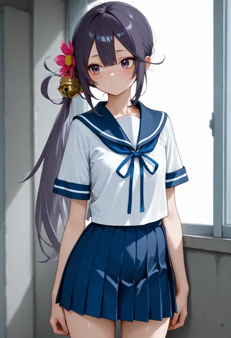 akebonokaiKC, long hair,hair ornament, school uniform, short sleeves, pleated skirt, hair flower, sailor collar, side ponytail, blue skirt, hair bell,
