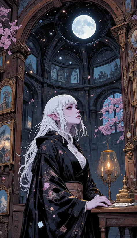 (A digital art piece blending ukiyo-e with dark fantasy, creating an aesthetic and gothic atmosphere. The face is rendered in intricate detail. A dark elf woman stands in a room of mirrors, showered by sparkling particles of moonlight, absorbing the essenc...