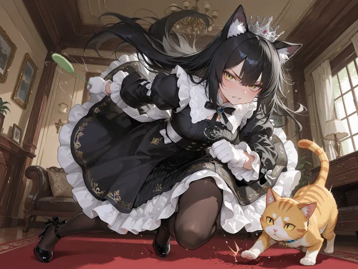 748cmstyle, anime style, ordinary living room of a typical home, a spoiled black-cat princess girl fiercely throwing punches toward a toy cat teaser held in front of her, dynamic motion with dramatic movement of hair and dress, sharp and intimidating gaze,...